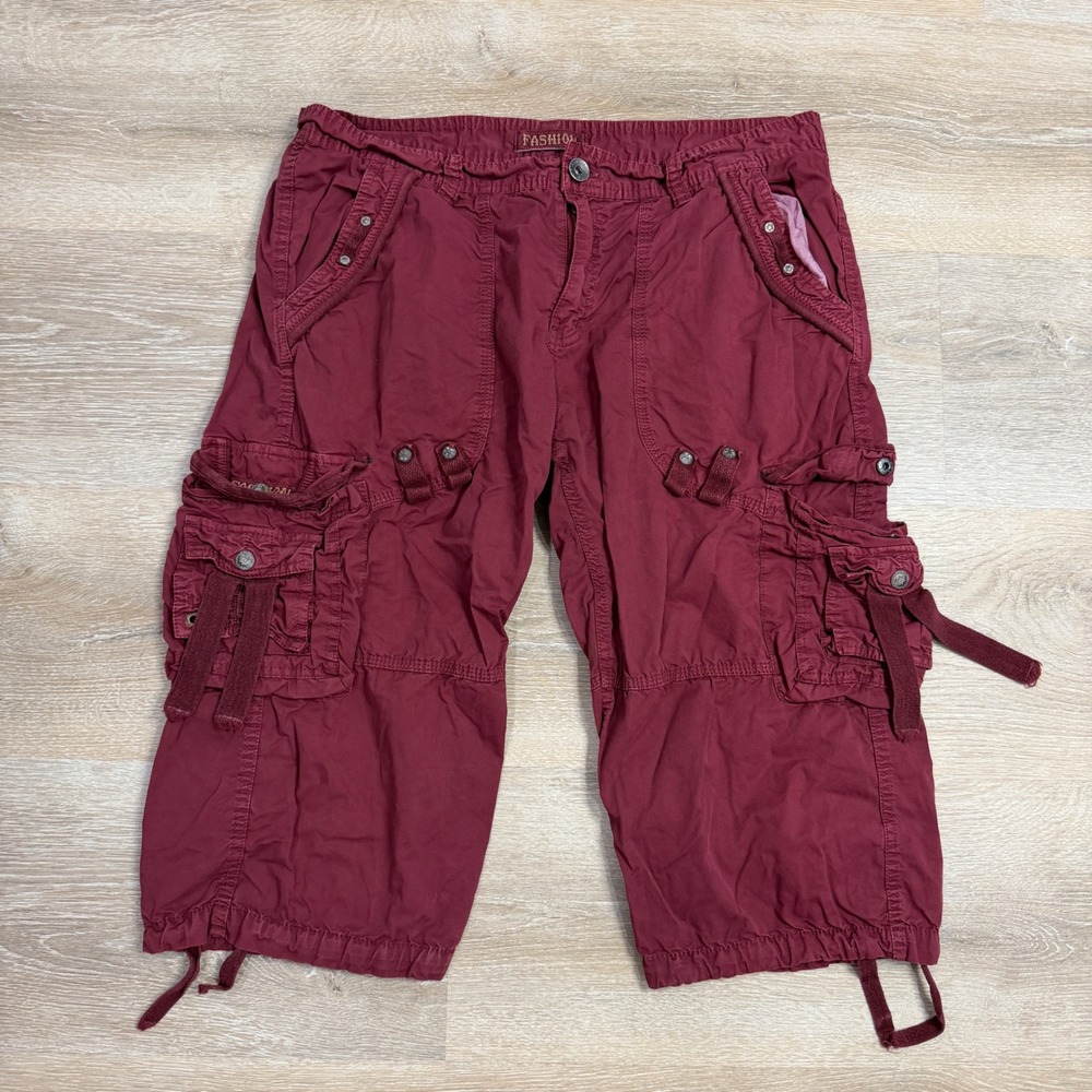 Fashion Mens Red Cargo Shorts Y2K Tactical Baggy Multi Pocket Size 38 Long